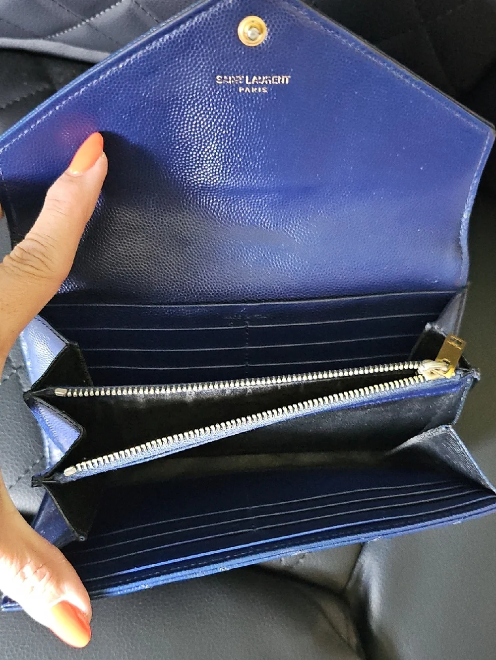 Saint Laurent Navy Quilted Leather Envelope Wallet with Gold YSL - Picture 7 of 10
